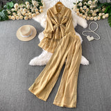 Gentle-Wind Pink Lace Spliced Lap-Over Shirt Long-Lens Waist Coat Two Sets Of High-Rise Thin Leg Pants