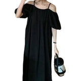 French Slings A Word Shoulder Green Dress Women 2025 Summer New Loose Shoulder-Sensitive Dress