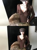 Autumn And Winter With A T-Shirt Slimming Temperament Pure Sexy Hottie Shirt V Collar Knot Long Sleeves Bottom Shirt