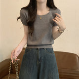 Korean Version Of The Pure Color Simple Square Collar Short-Sleeved Knitting Shirt Casual Age Reduction Slim Slim Short-Term Blouse
