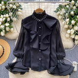 Drilled Lotus Loaf Collar Long-Sleeved Shirt Women Autumn Waist Temperament Chiffon Shirt Design Feel Beautiful Gold Feeling Top