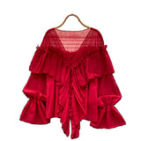 Fairy Top 2025 Summer Languid Temperament Famous Lotus Leaf Side Splicing Horn Sleeve Chiffon Shirt Loose Shirt