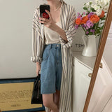 Korean Autumn Languid Wind Simple Collar Bump Color Stripes Design Loose Leisure Long-Sleeved Shirt Dress