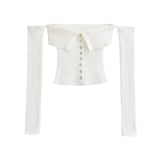 Purely Sexy Single-Sock Buckle Long-Sleeved Knitted Sweater Hot Girl High Waist To Play The Bottom Of The Short Top