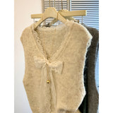 KANING Lace Bow V-Neck Sweater Vest 2026 Early Autumn New Women's Clothing Folded Sleeveless Knitted Top