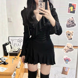 Pure-Want-Style Sexy V-Necked Long-Sleeved Dress Women's Autumn 2025 New Thin Lotus Side Black Ass Skirt