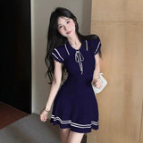 Korean Academy Style Short-Sleeved Knitted Polo Dress Girl Summer Repair Bow Bow Waist A Short Skirt