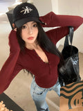 Spice Girls Slim Elastic Long Sleeves Shoulder T-Shirt Girls Spring And Autumn Sexy Body Bottoming Shirt Tight Thin Top