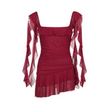 French Temperament Pure Style Sexy Red Dress Women Summer New Lotus Leaf Side Thin A Word Short Skirt Tide