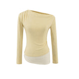 Yellow Pure Sexual Sexy Two Slanted Shoulder Lace Spliced Long-Sleeved T-Shirt Girls Spring And Summer Body Show Off Shoulder Clothes