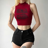 Vintage Babes Sexy Semi-Circular High-Neck Vest Women's Summer New Design Print Thin Short Top