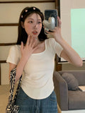 2026 Summer New Pure Windy U Collar Hottie Top Slimming Irregular Short-Sleeved T-Shirt Girl Ins