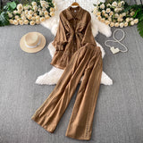 Gentle-Wind Pink Lace Spliced Lap-Over Shirt Long-Lens Waist Coat Two Sets Of High-Rise Thin Leg Pants