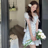 Gentle Wind Blue Mashed Flower Bubble Sleeve Dress Short Sleeve 2025 Summer New French Style Collar Thin Short Skirt Tide