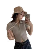 Fashion Sweet Hottie Sexy Polo Collar Short-Sleeved T-Shirt Design Double Zipper Repair Slim Short Top