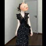 Black Lace Spliced Broken Floral Dress 2025 Summer Holiday Style French Temperament Unique Beautiful Threotier