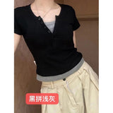 2026 Summer New Simple Pure Lust Fresh Sweet V Collar Two Short-Sleeved T-Shirt Ribs Tudy Ester