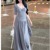 Gray V-Neck Dress Women Autumn Pure Lust Wind Gentle Lazy Temperament Slim Slim Slim Beautiful Beautiful Beautiful Long Dress
