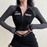 Spring Pure Hot Girl Repair Shoulder Long-Sleeved T-Shirt Female Korean Version Of The Locomotive Wind Splicing Zipper Short Thin Top