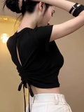 Spice Girls Are Shoulder-Repair Short-Sleeved T-Shirt Girls Summer Design Feeling Back Sicense Sleeve Rope Small Short Blouse Tide