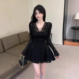 Trend Temperament V Collar Long-Sleeved Lace Dress Women's Waists Thin Spring Beautiful Horn Sleeves Short Skirt