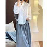 Wooden Ear Splicing Solid Color Loose Shirt Women 2025 Autumn Dress New French Collar White Shirt Top