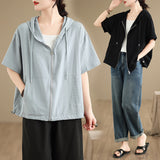 Real Shooting Summer New Hooded Solid Color Casual Pocket Shirt Zipper Small Jacket Under The Sleepe Rope Top