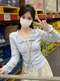 Korean Sweet Blue Lace With Long-Sleeved T-Shirts In Autumn Fake Two Chic Beautiful Thin Tops