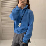 KANING Half-High Collar Half Zipper Red Sweater 2026 Autumn And Winter New Design Sense Loose Knitted Shirt
