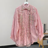 French New Korean Version Of The Long-Sleeved Shirt Women's Design Sense Of The Middle And Long Heavy Industry Lazzling Diamond Top