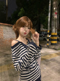 Korean Striped Fake Two-Word Shoulder Long-Sleeved T-Shirt Women's Spring And Autumn Lazy Sweet Hottie Top Loose Thin
