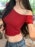 Sexy Hottie Shoulder Slim Short-Sleeved T-Shirt Girl Summer New Fashion Pure Want To Show Thin Umbilion Bottom Top Woman