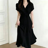 Korean Chic Summer Temperament Elegant Cross V Tie Tie Brings Waist Skinny Bubble Sleeve Medium Long Dress Woman