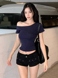 Ins Pure Hot Girl Shoulder Collar Temperament Body Short Sleeve T-Shirt Female Tightness Bottom Hottie Top Female Tide