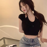 Summer Fake Two Slings Hanging Neck Short-Sleeved T-Shirt Women's Pure Lustful Style Sexy Slim Slim Thin Thin Clothes
