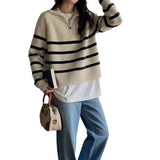 KANING Korean Version Of Half-Zip Soft-Creinous Striped Sweater 2026 Autumn New Retro Semi-High-Collar Knitted Shirt Woman