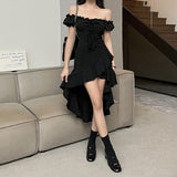 Black Lotus Side Irregular Dress Women's Summer New Word Shoulder-To-Shoulder Sexy Long Skirt