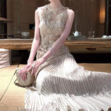 Light Luxury Heavy Industry Three-Dimensional Plate Flower Sleeveless Dress Spliced 100 Folds Thin Dress 2026 Summer