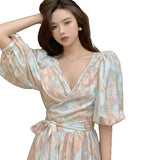 Broken Floral Dress Fried Street Light-Cooked Wind High-End Temperament Age-Reed Fashion Design Feel Waist-Tieed Dress Goddess Fan Xia