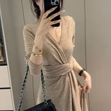 (Original Fabric) Temperament Strap V Tie Knot Dress Women's Autumn New Pure Lust Wind To Show Skinny Dress