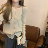 KANING Korean Scissors Collar Thin Knitted Cardigan 2026 Autumn New Long-Sleeved Knitted Bottom Sweater Woman