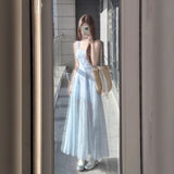 French Blue Gentle Style Square Tie Dress Women 2025 Summer Vacation Style Mesh Long Skirt