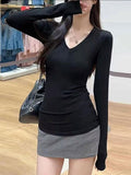 270 Grams Double-Sided Velvet Autumn Warm Solid Color V-Neck Long-Sleeved T-Shirt Girl Body Pure Lust Wind Bottom Shirt Top