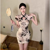 Fashion Simple Cheongsam Young Girl Retro Print Waist Thin Improved Chinese Dress Women Summer