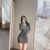 Korean Version Of Fashion Long-Sleeved V-Neck Dress Women Autumn Body Sexy Hottie Fashion Gray Elastic Bag Hip Dress
