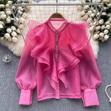 Autumn New Light Luxury Fairy Wind Lotus Leaf Side Long-Sleeved Shirt Female Mesh Design High-End Temperament Blouse