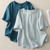 Vintage Weaving Cotton Shirt Femininity Wooden Collar Shirt Summer Short-Sleeved Top