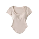 Pure U-Shaped Square Collar T-Shirt Curved Under The Hem Of Short-Sleeved T-Shirt