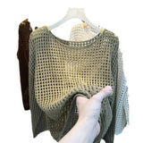 Kaning Long-Sleeved Hollow Knitted Net Shirt Women 2026 Summer And Autumn New Mesh Hooding