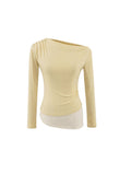 Yellow Pure Sexual Sexy Two Slanted Shoulder Lace Spliced Long-Sleeved T-Shirt Girls Spring And Summer Body Show Off Shoulder Clothes